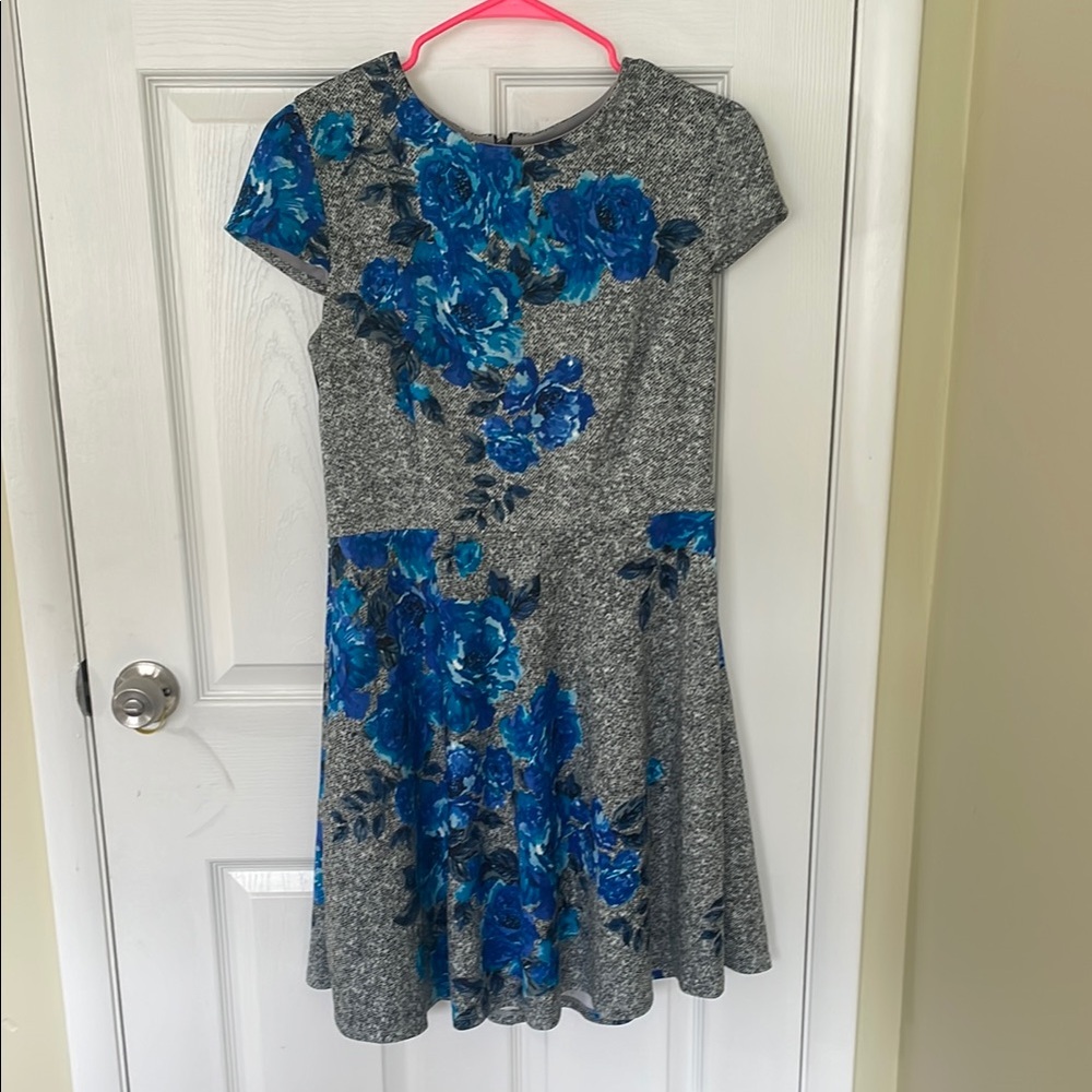 Stylish Gray Dress with Blue Floral Pattern- Betsey Johnson